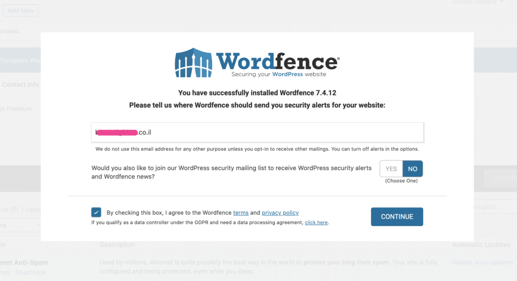 מסך ההתקנה הראשוני של Wordfence